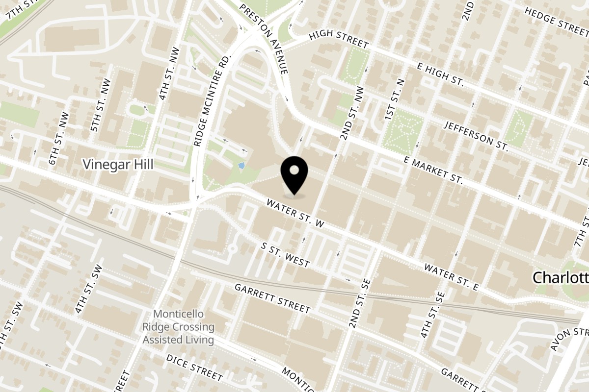 Map showing the location of Farmacy Cafe on 222 W Main St in Charlottesville